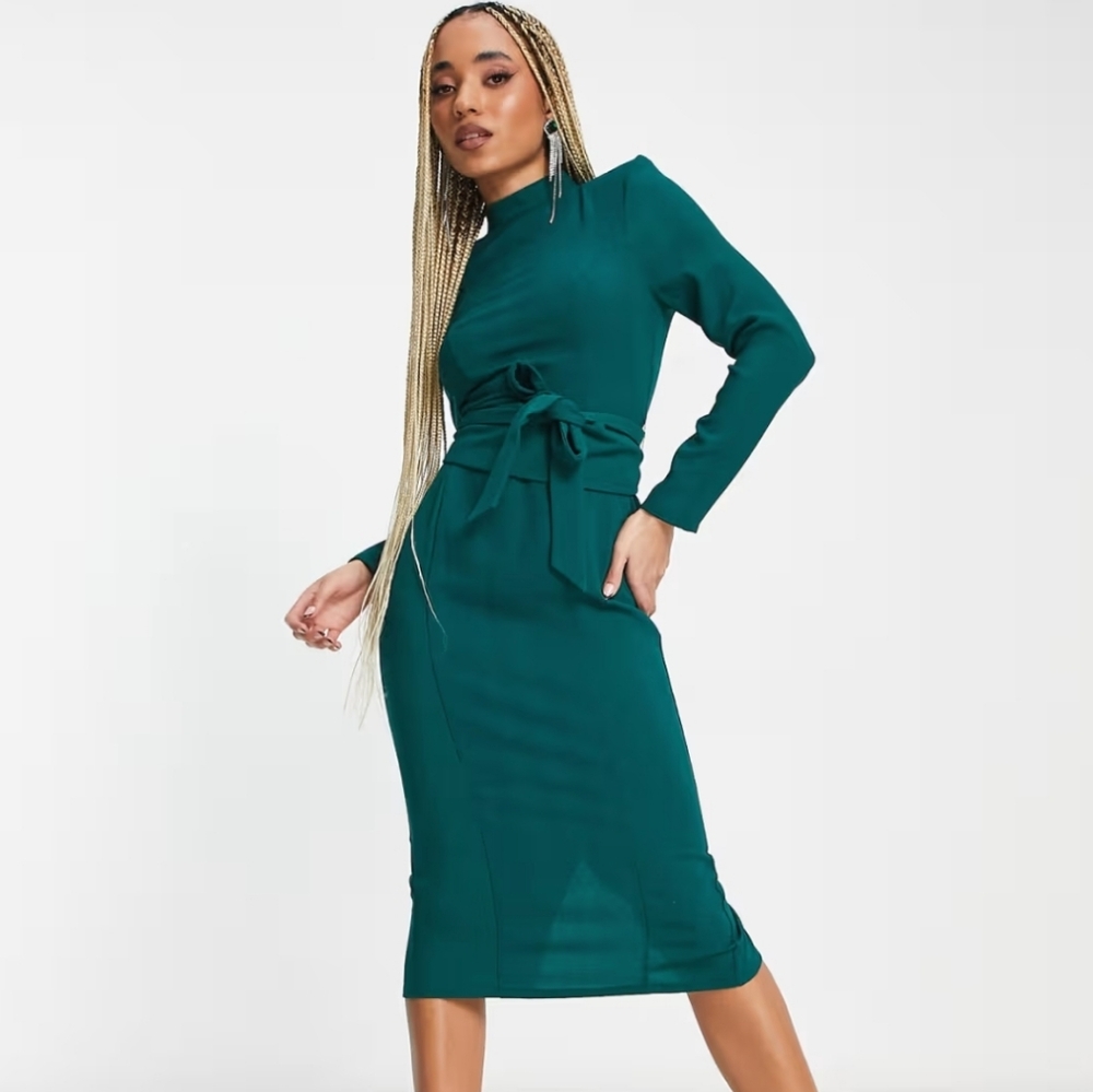 🏷️ ASOS Design Long Sleeve Crepe Midi Dress Winter Green Missing Belt Size 8